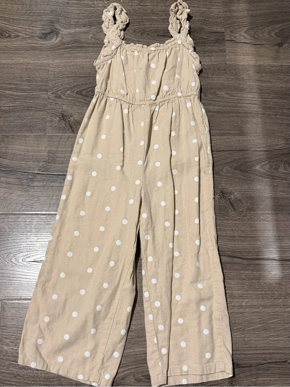 Girls 6/7 Beige Polka Dot Wide-Leg Jumpsuit Linen & Rayon